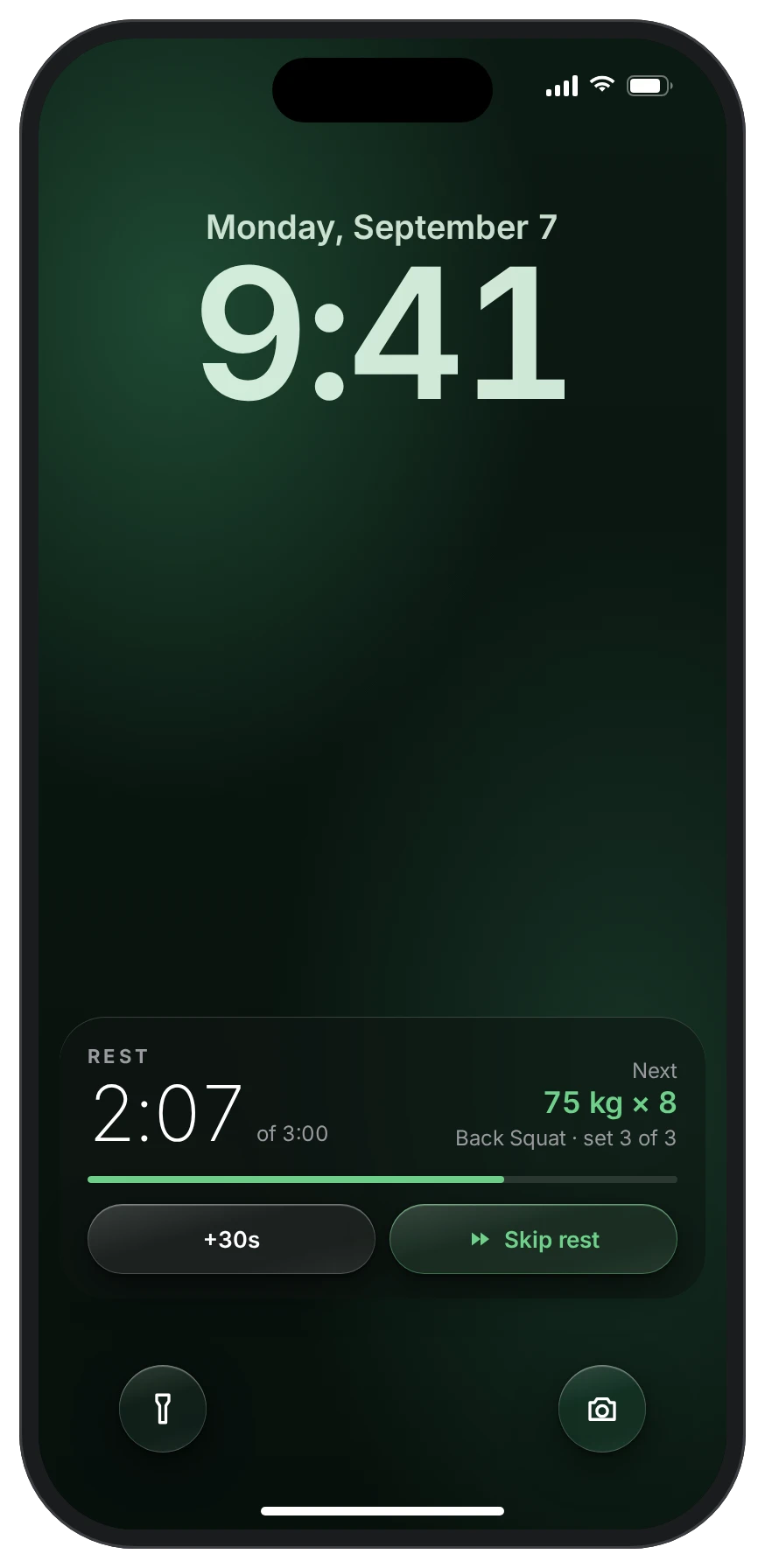 Lock Screen with a rest timer Live Activity: 2:07 left, next set 75 kg for 8, with +30s and Skip rest buttons